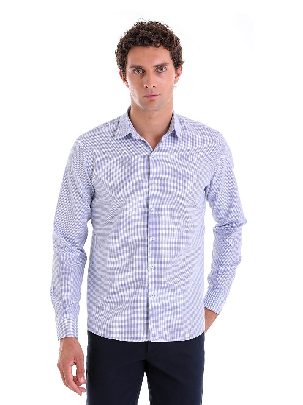 Lacivert Comfort Fit Kareli Pamuklu Slim Yaka Uzun Kollu Casual Gömlek