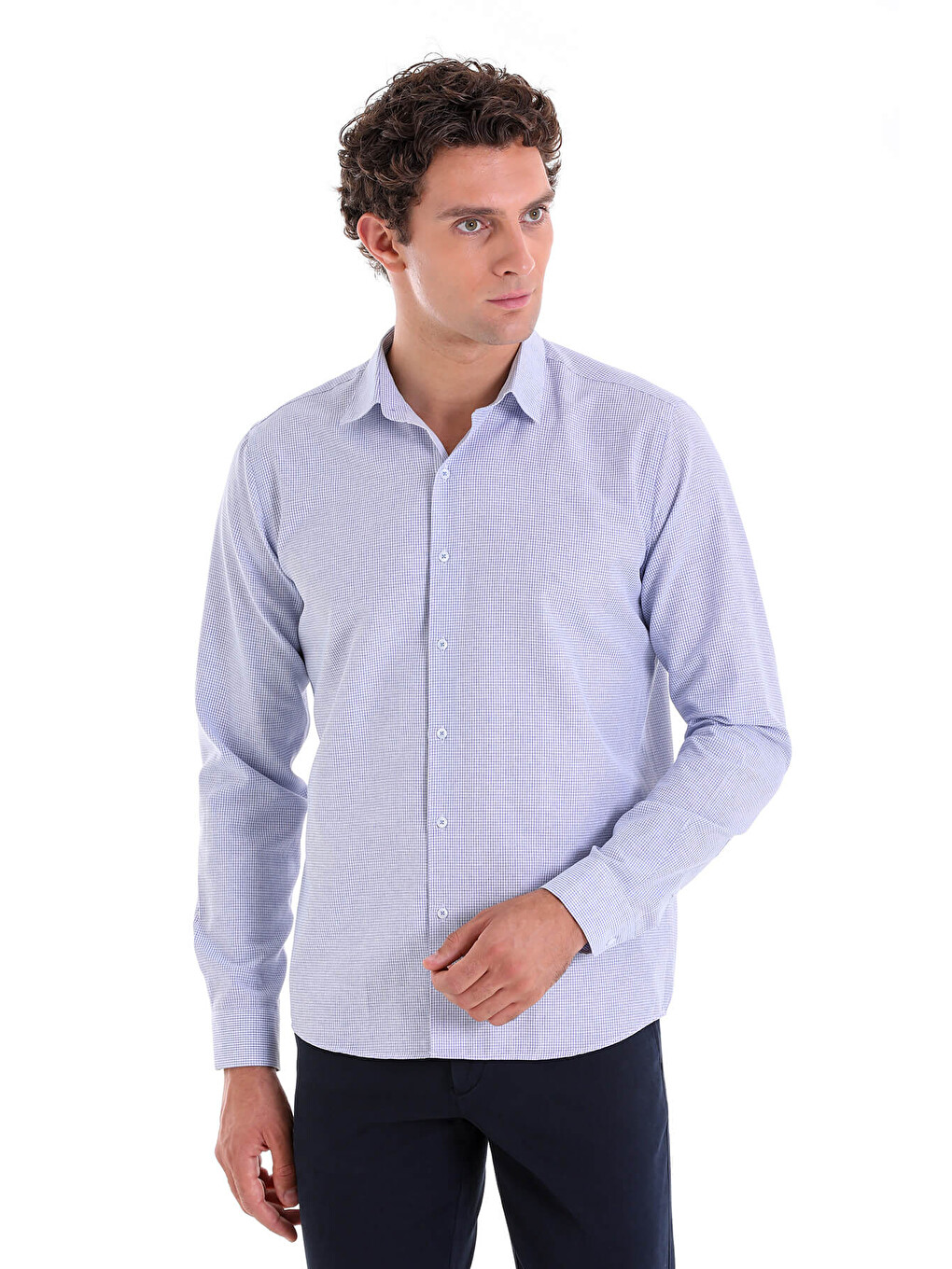 Lacivert Comfort Fit Kareli Pamuklu Slim Yaka Uzun Kollu Casual Gömlek-1