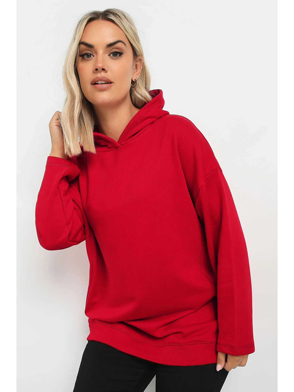 Stil Diva Kırmızı Büyük Beden Uzun Kollu Rahat Kalıp Kapüşonlu Sweatshirt 303554