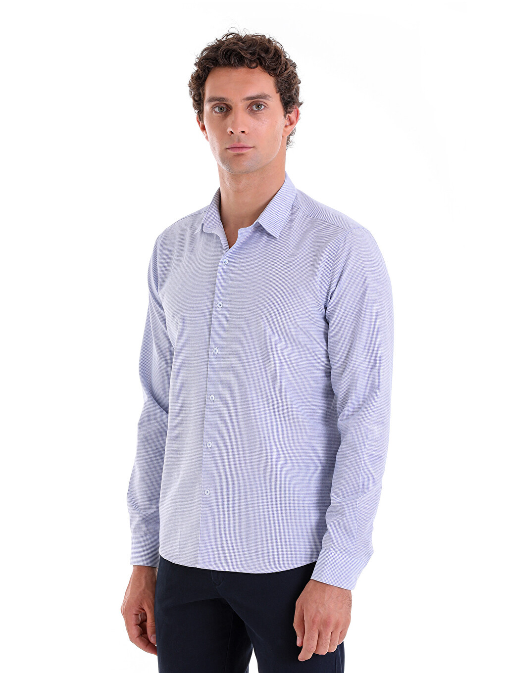 Lacivert Comfort Fit Kareli Pamuklu Slim Yaka Uzun Kollu Casual Gömlek-2