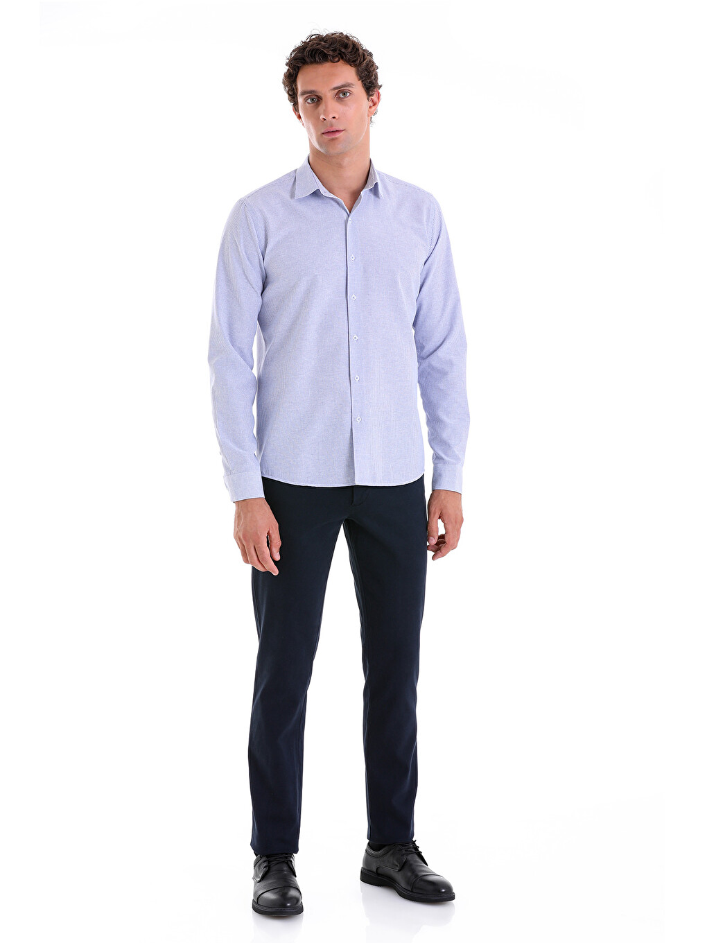 Lacivert Comfort Fit Kareli Pamuklu Slim Yaka Uzun Kollu Casual Gömlek-3