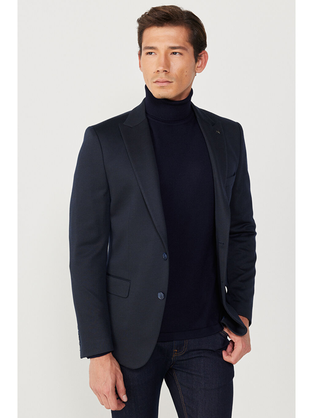 Erkek Lacivert Slim Fit Dar Kesim Kırlangıç Yaka Desenli Ceket