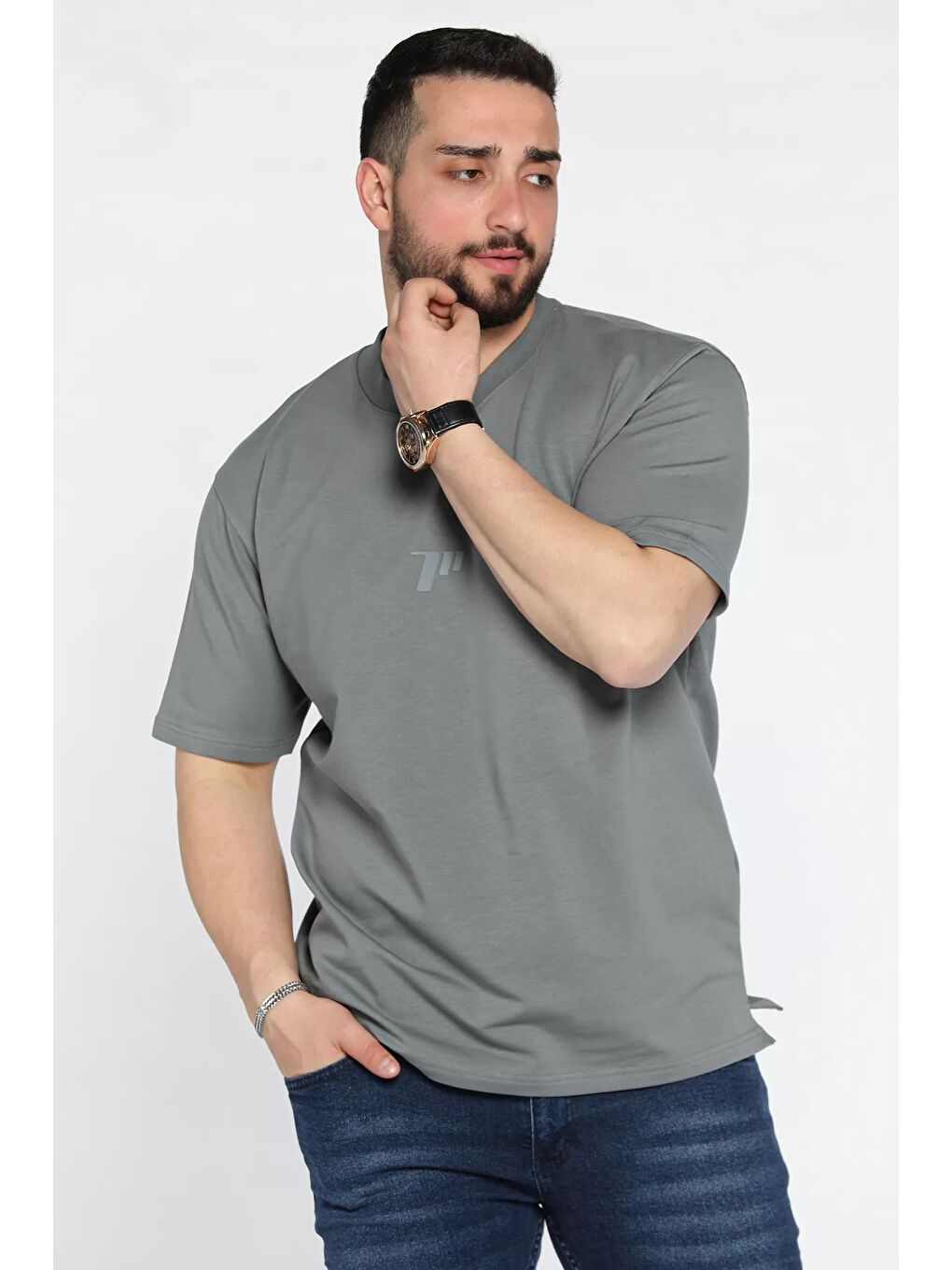 Gri Erkek Bisiklet Yaka Baskılı Tişört