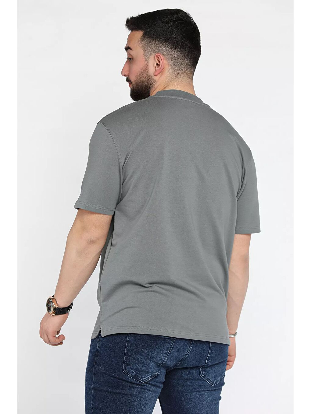 Gri Erkek Bisiklet Yaka Baskılı Tişört-2