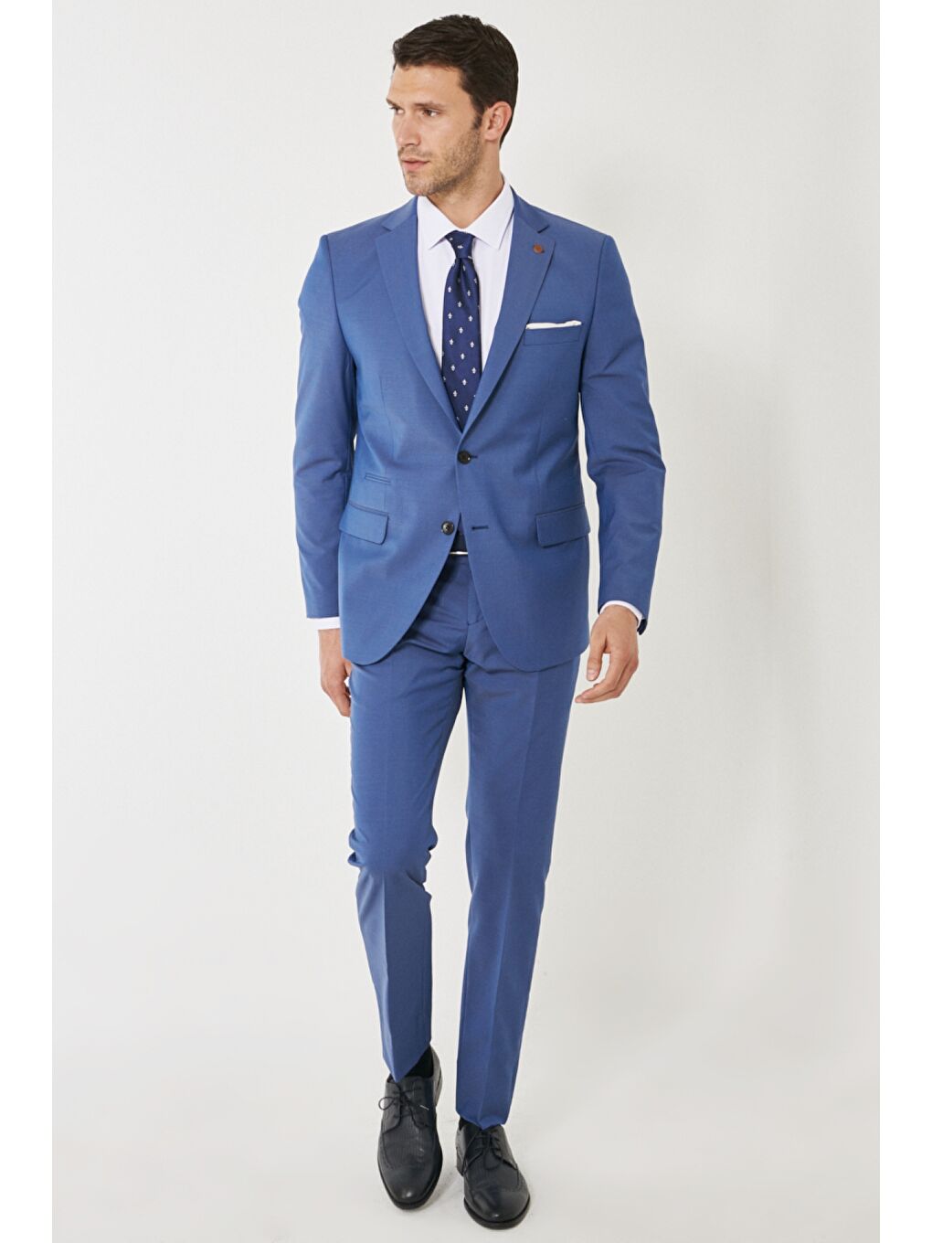 Erkek Mavi Slim Fit Mono Yaka Desenli Mavi Klasik Takım Elbise