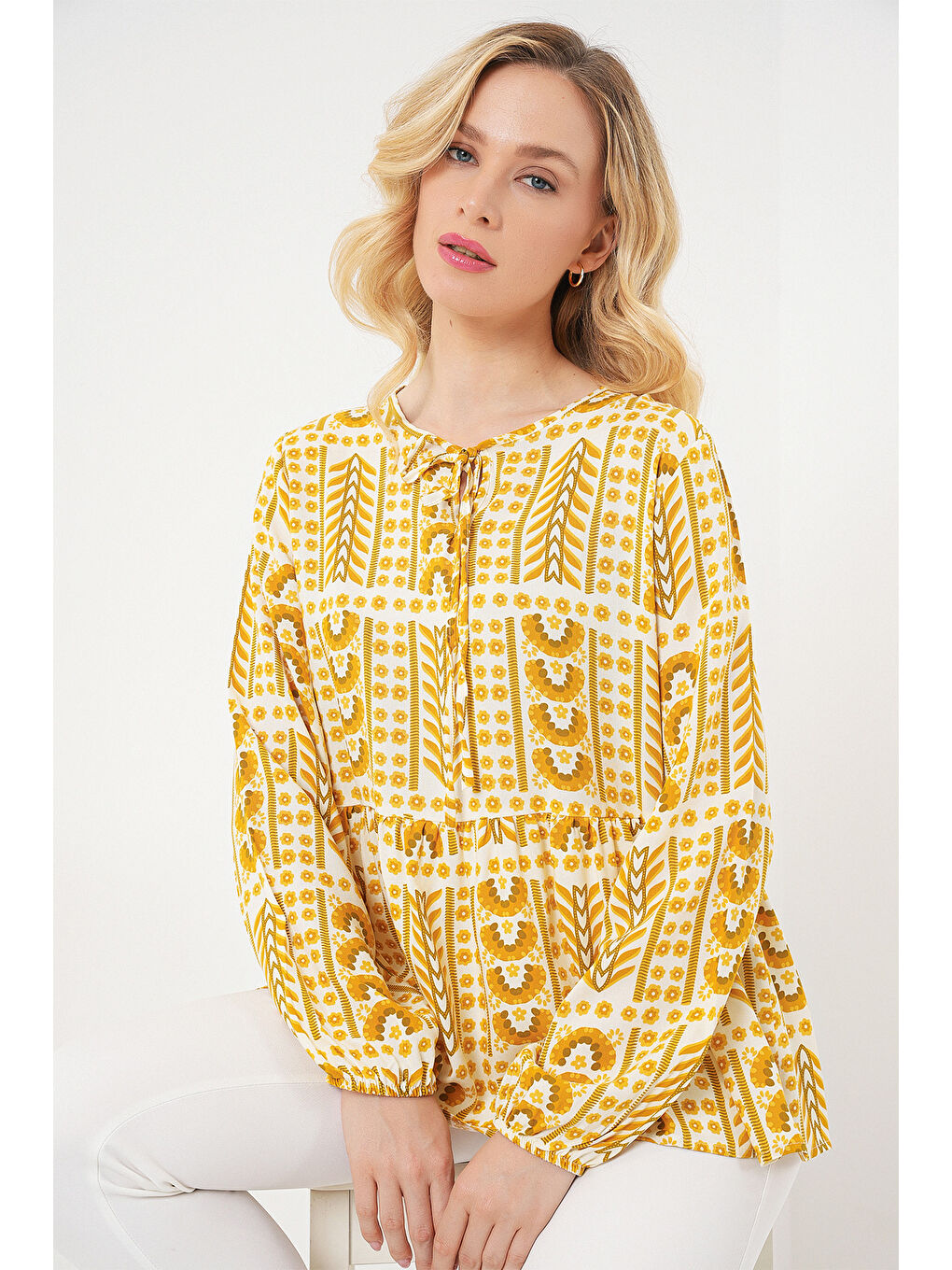 Kadın Desenli Uzun Kol Bluz 970 - Sarı