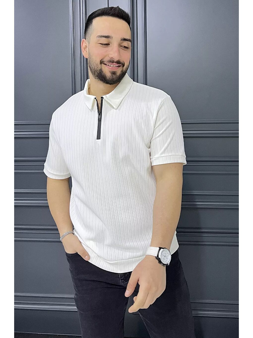 Ekru Erkek Polo Yaka Yarım Fermuarlı Tişört-1