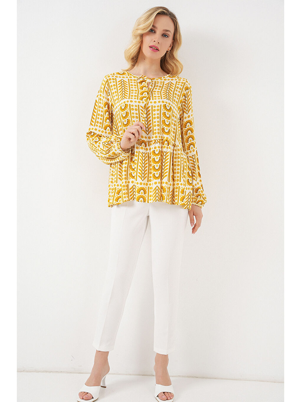Kadın Desenli Uzun Kol Bluz 970 - Sarı-1