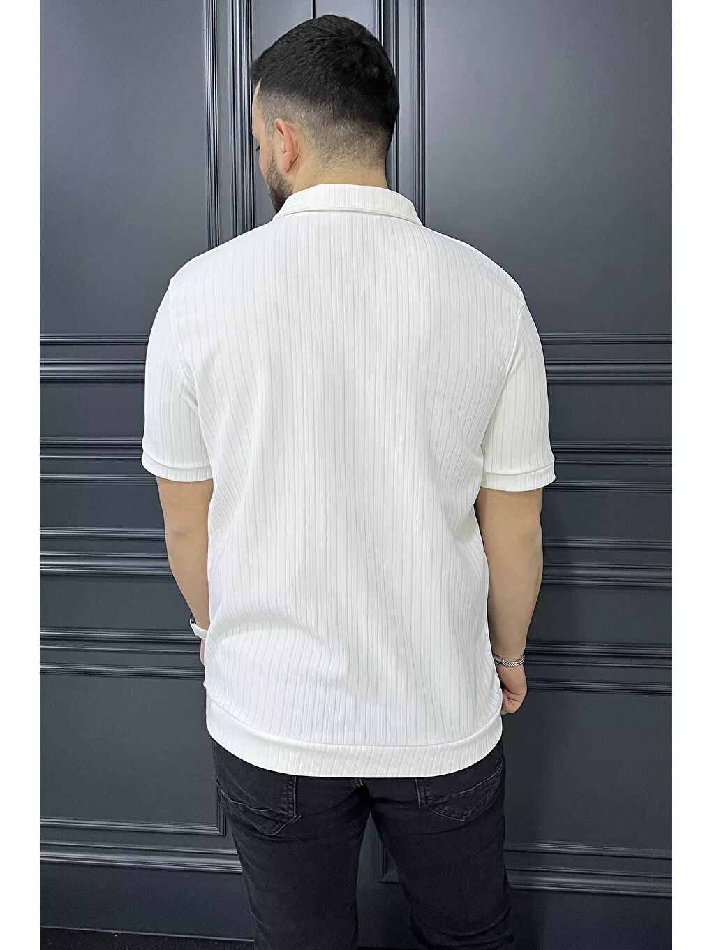 Ekru Erkek Polo Yaka Yarım Fermuarlı Tişört-2