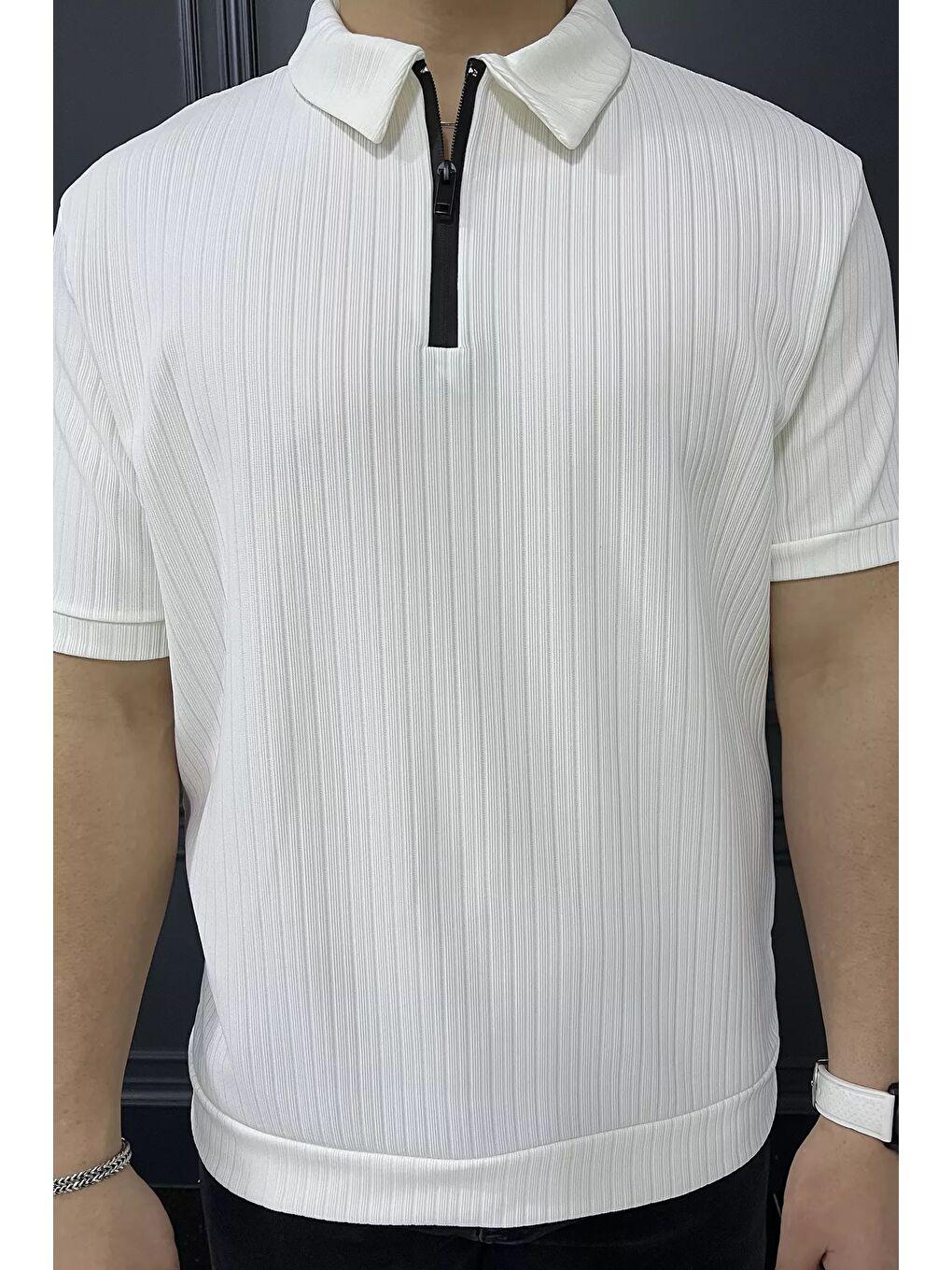 Ekru Erkek Polo Yaka Yarım Fermuarlı Tişört-3