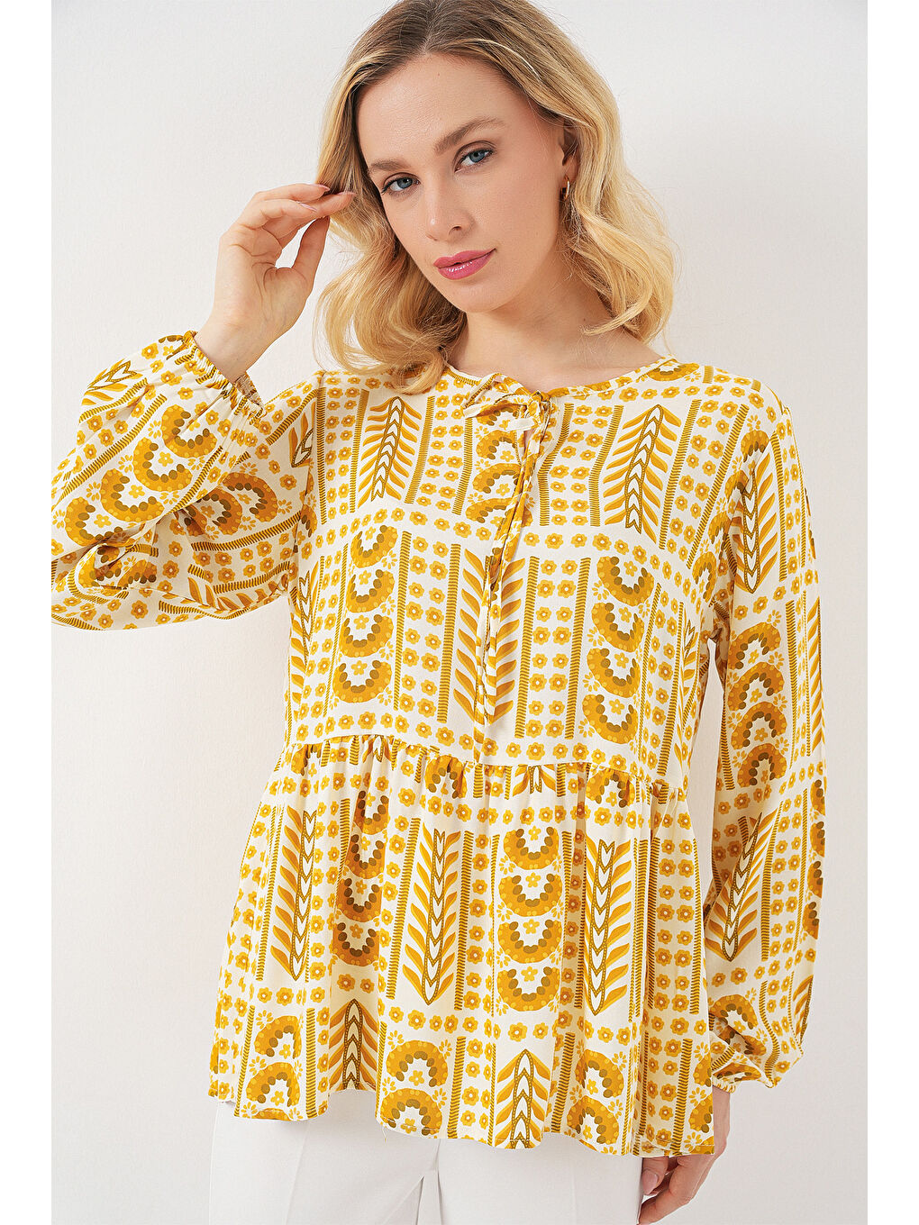 Kadın Desenli Uzun Kol Bluz 970 - Sarı-2