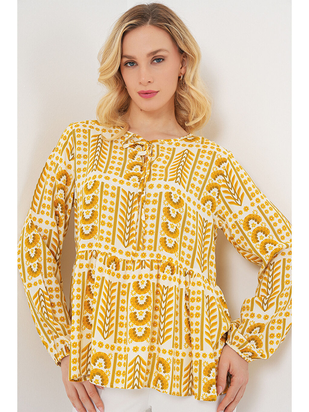 Kadın Desenli Uzun Kol Bluz 970 - Sarı-3