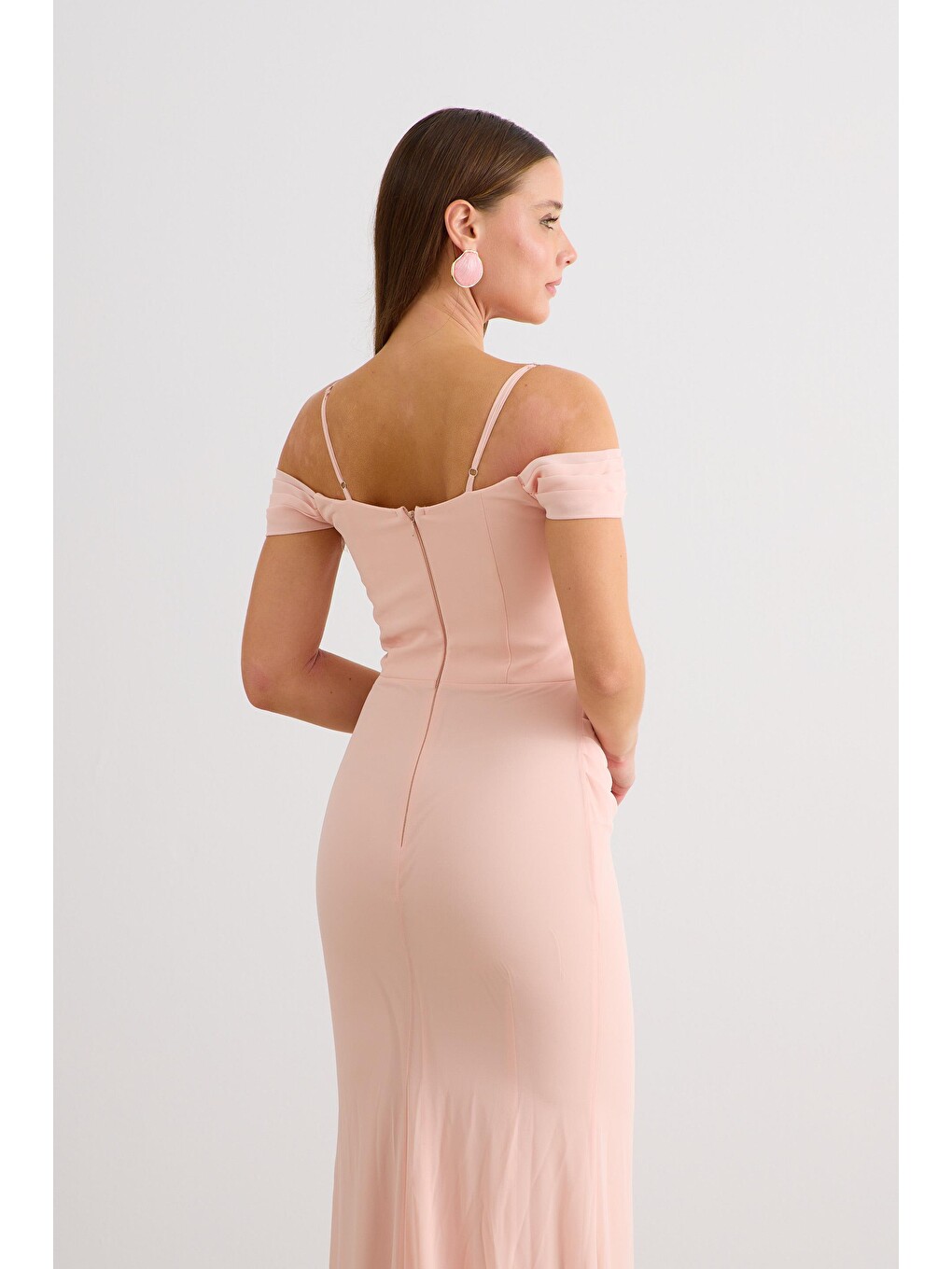 Pembe Pudra Askılı Uzun Şifon Abiye Elbise-4