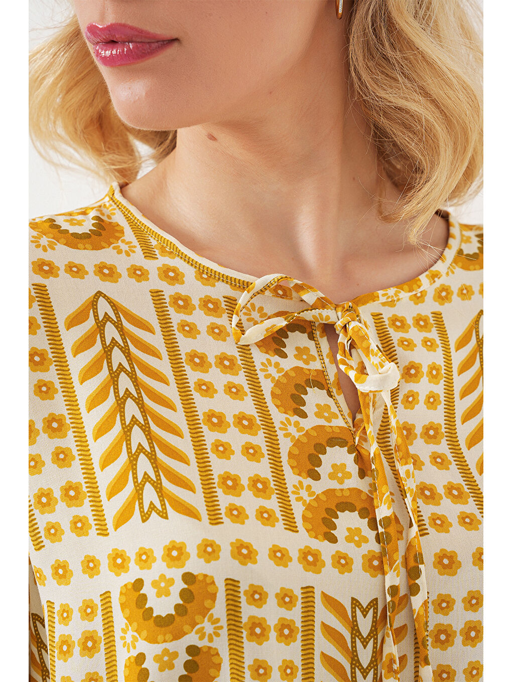 Kadın Desenli Uzun Kol Bluz 970 - Sarı-4