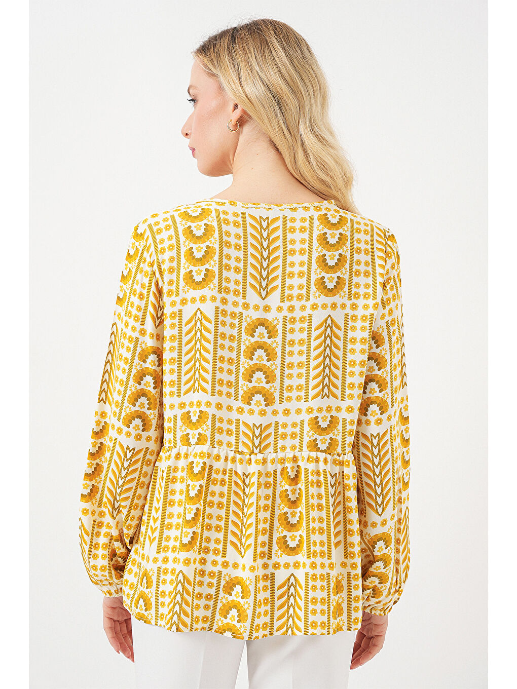 Kadın Desenli Uzun Kol Bluz 970 - Sarı-5