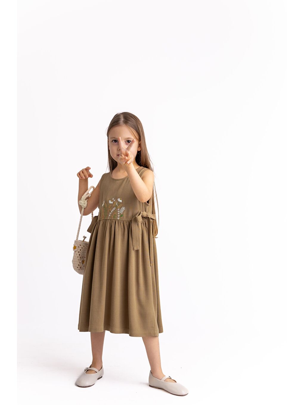 Kahverengi Nakışlı Yandan Bağlamalı Keten Elbise 2-7 Yaş Camel-1