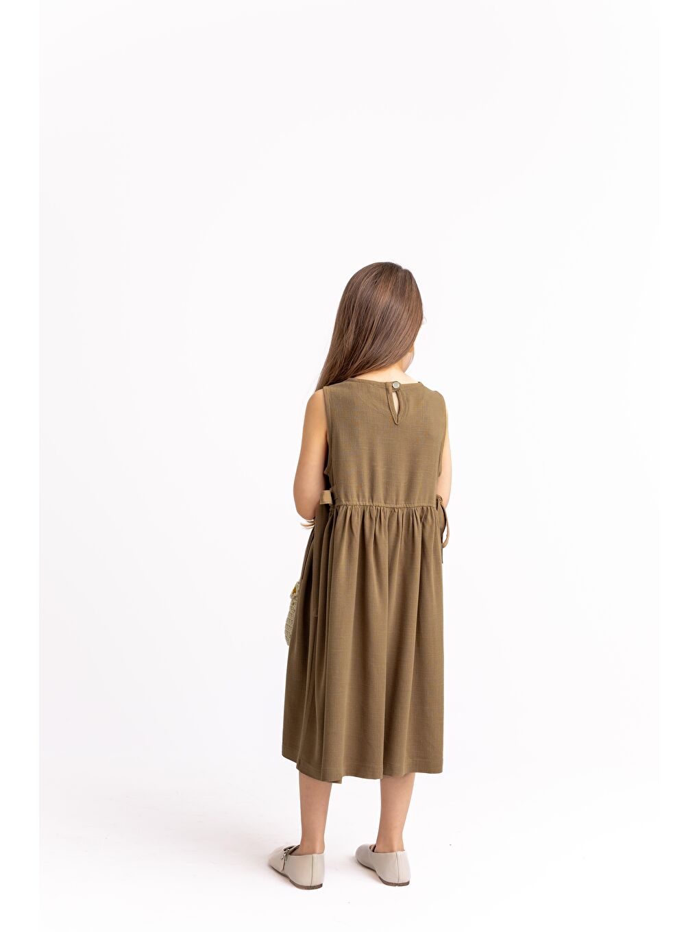 Kahverengi Nakışlı Yandan Bağlamalı Keten Elbise 2-7 Yaş Camel-2
