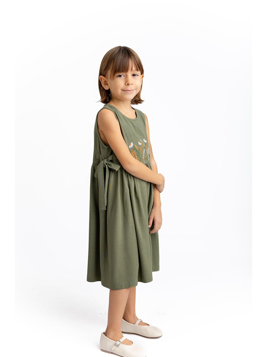 Nakışlı Yandan Bağlamalı Keten Elbise 2-7 Yaş Haki Yeşil-1