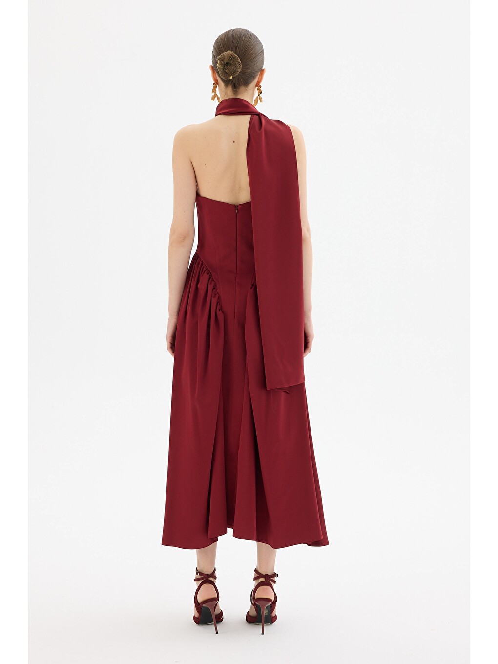 Bordo Straplez Şallı Saten Abiye Elbise-5