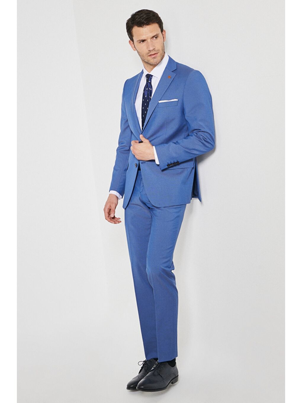 Erkek Mavi Slim Fit Mono Yaka Desenli Mavi Klasik Takım Elbise-2