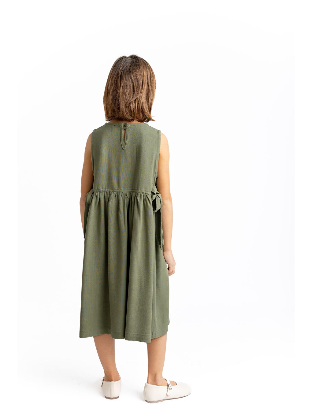 Nakışlı Yandan Bağlamalı Keten Elbise 2-7 Yaş Haki Yeşil-2
