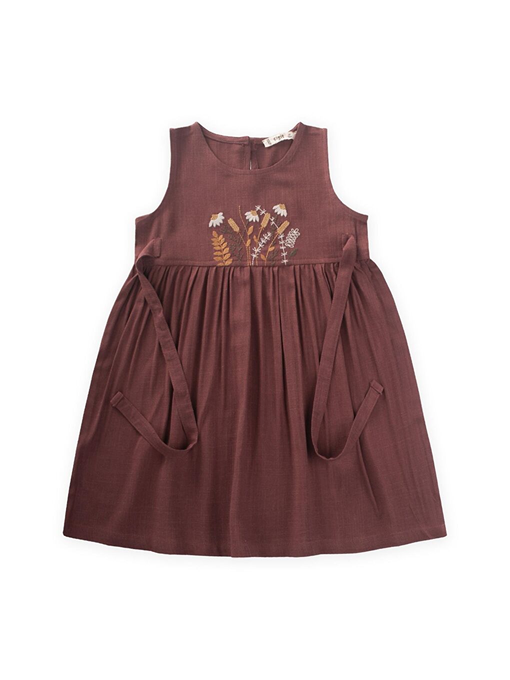 Nakışlı Yandan Bağlamalı Keten Elbise 2-7 Yaş Mürdüm