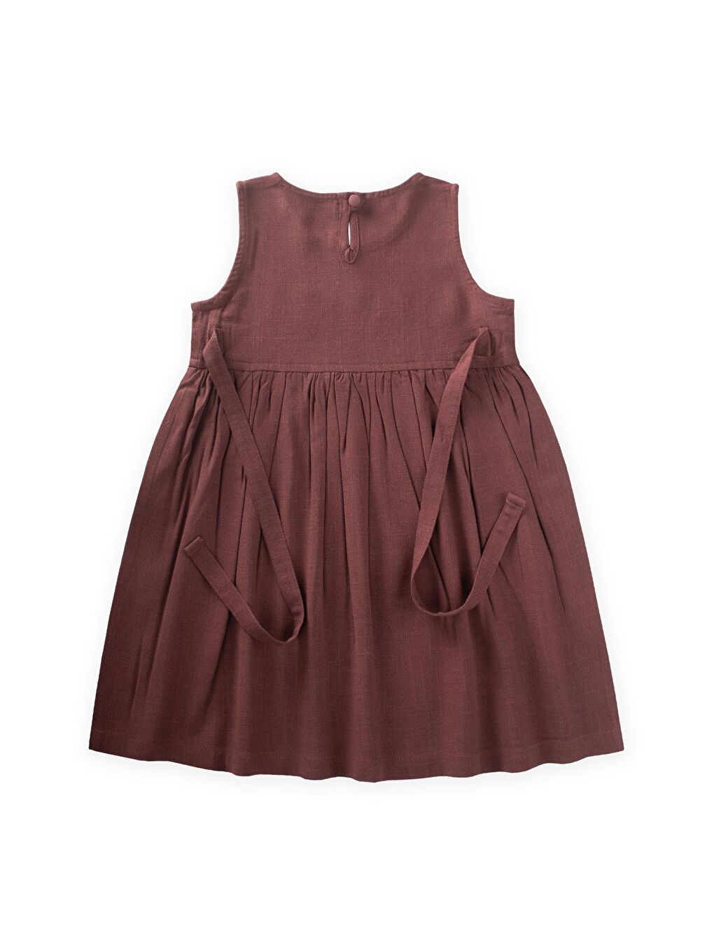 Nakışlı Yandan Bağlamalı Keten Elbise 2-7 Yaş Mürdüm-1