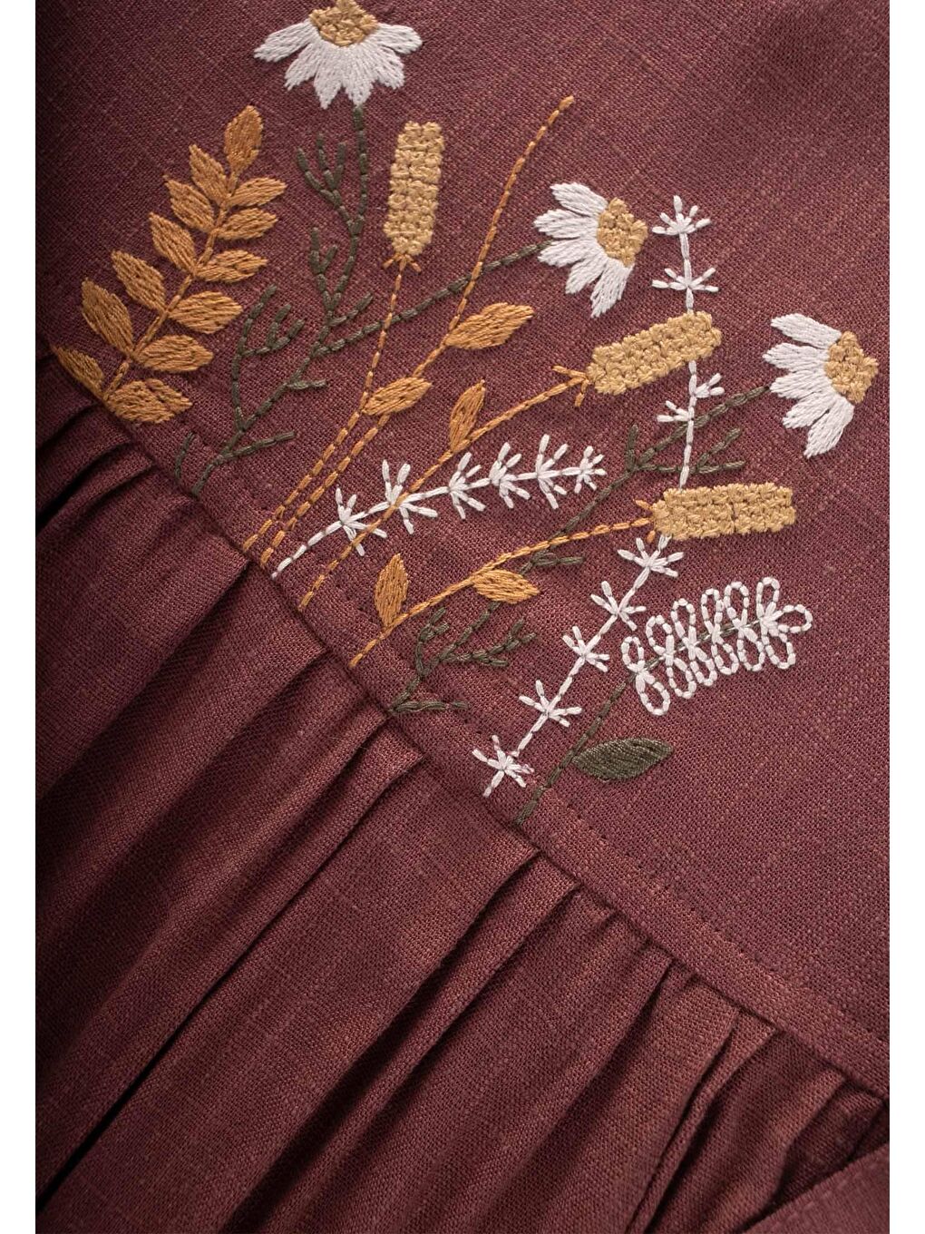 Nakışlı Yandan Bağlamalı Keten Elbise 2-7 Yaş Mürdüm-2