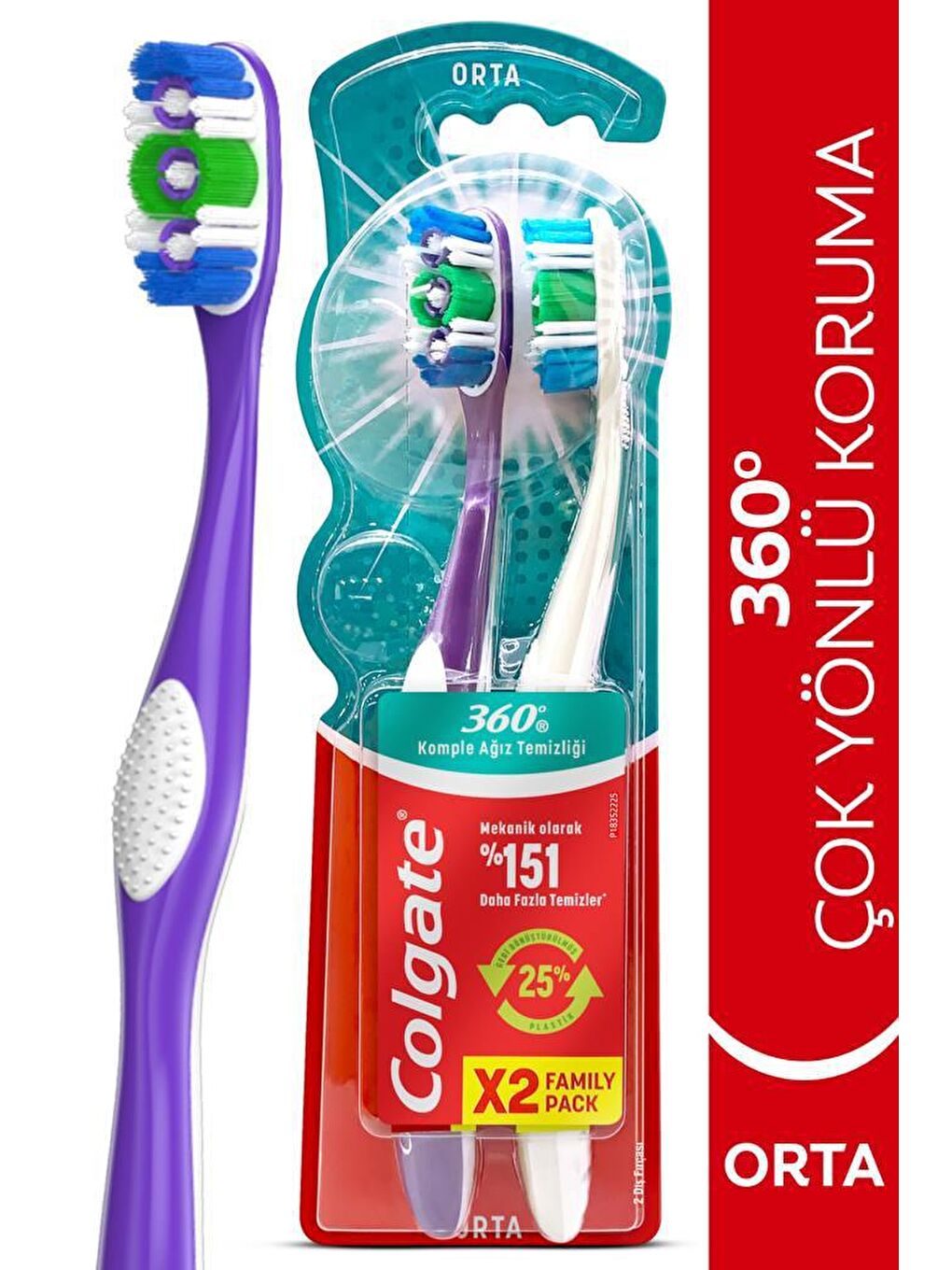 Colgate Mor-Beyaz 360 Komple Ağız Temizliği Çok Yönlü Koruma Orta Diş Fırçası 1+1