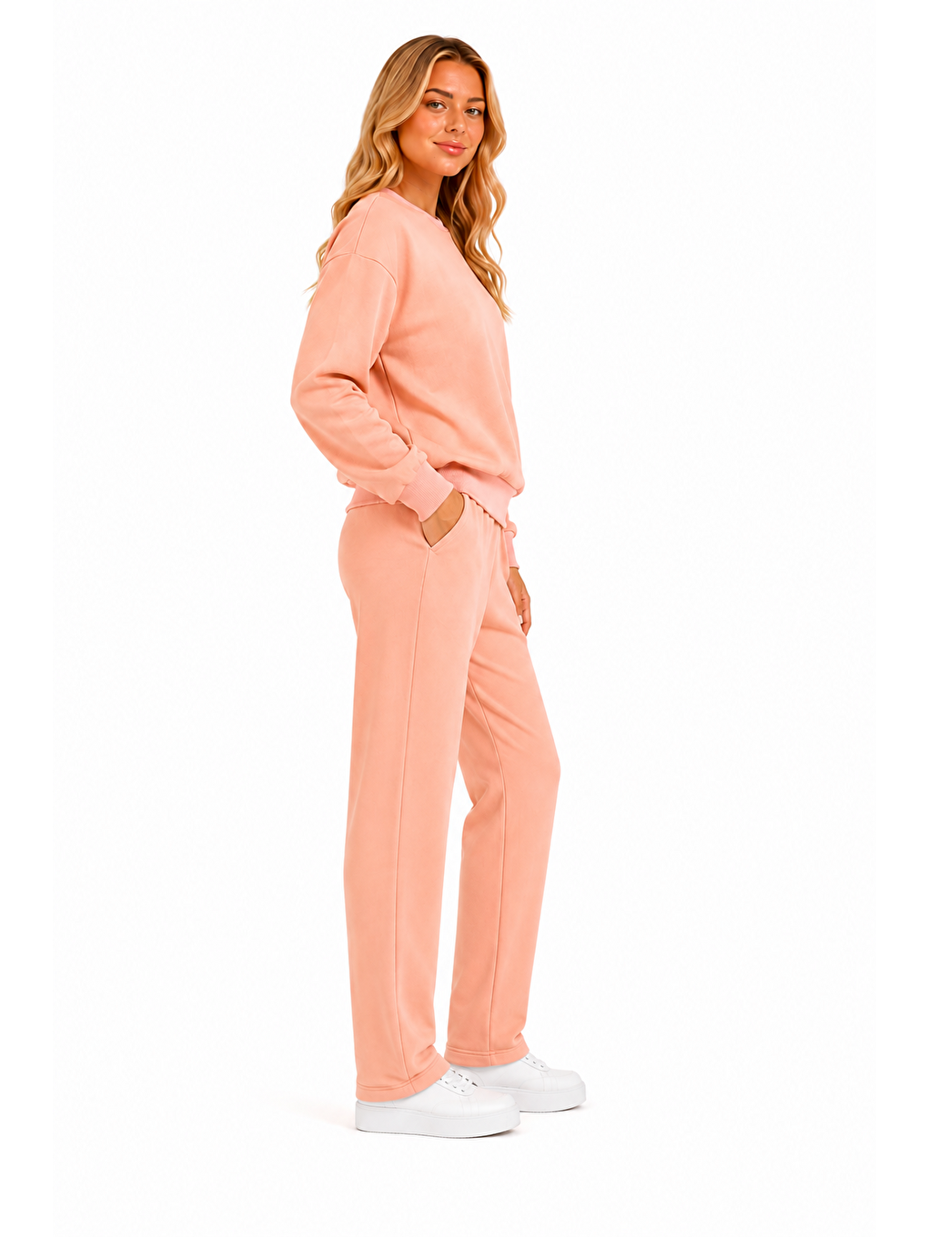 Pembe Kadın Kışlık Şardonlu Bisiklet Yaka Bol Paça Eşofman Takımı Somon-101-1