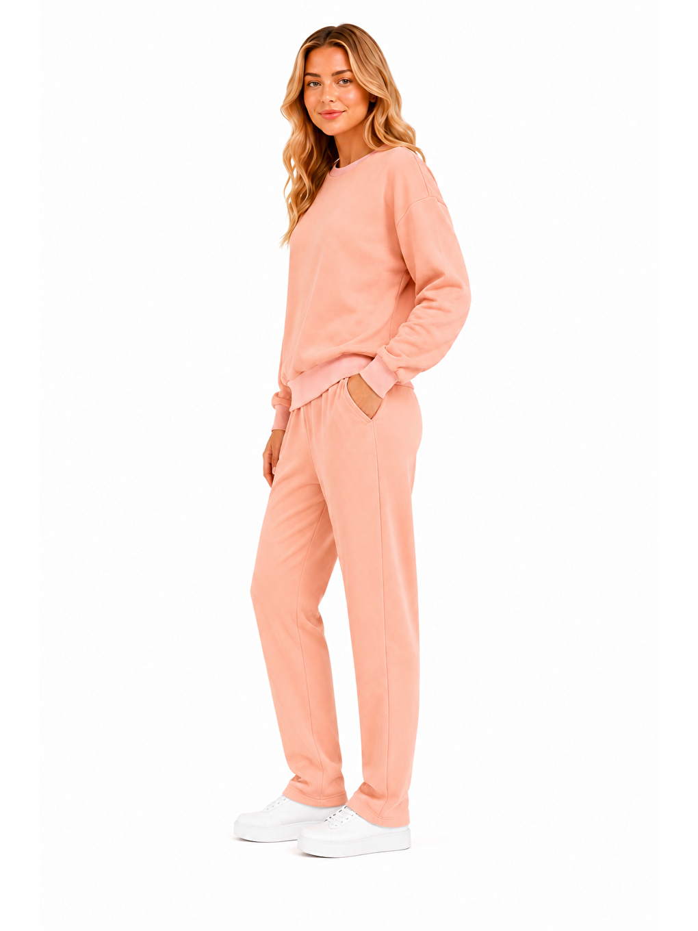 Pembe Kadın Kışlık Şardonlu Bisiklet Yaka Bol Paça Eşofman Takımı Somon-101-2
