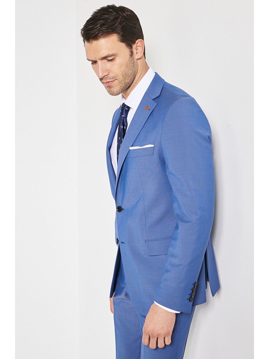 Erkek Mavi Slim Fit Mono Yaka Desenli Mavi Klasik Takım Elbise-4