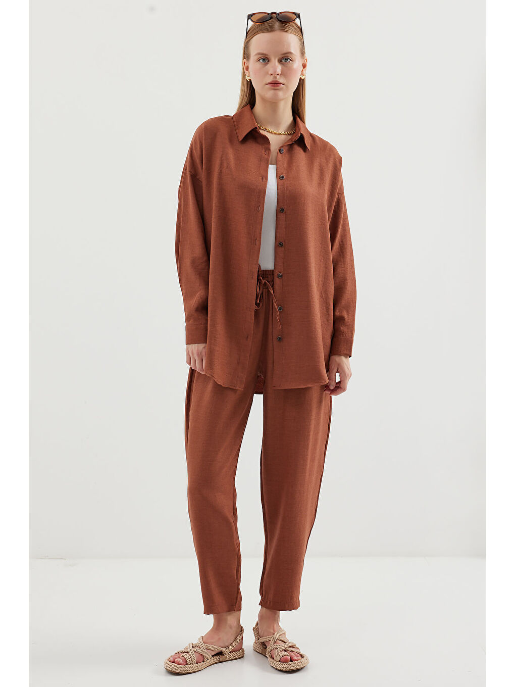 Bej 6622 Keten İkili Takım - Sütlü Kahve