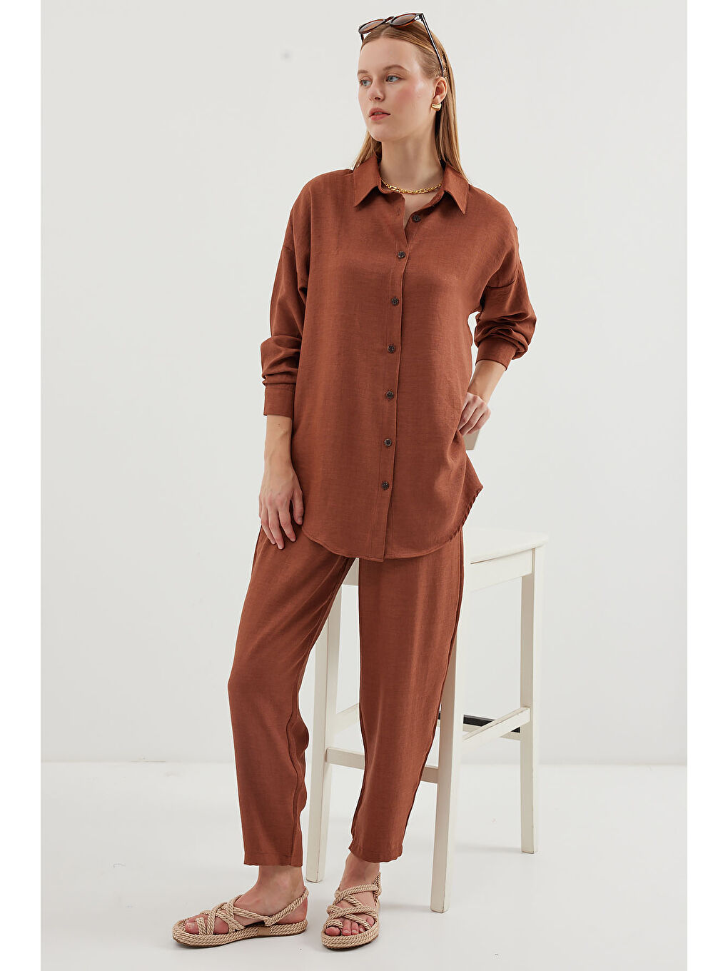 Bej 6622 Keten İkili Takım - Sütlü Kahve-1