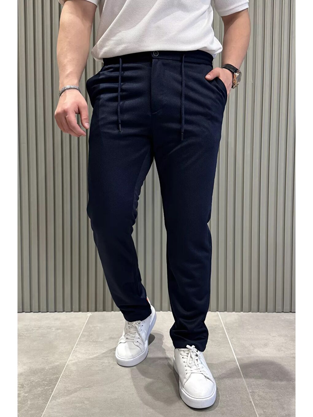 Lacivert Bel Bağcıklı Düz Paça Erkek Jogger Pantolon