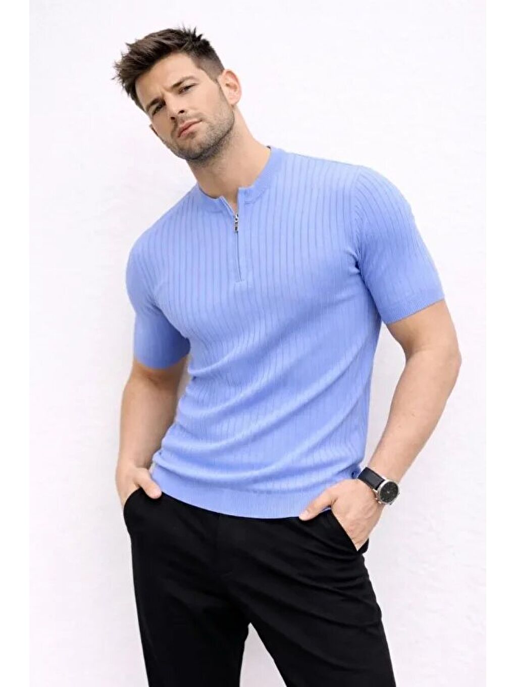 Mavi Erkek Kısa Kol Fitilli Triko T-Shirt Yazlık Hakim Yaka Tişört