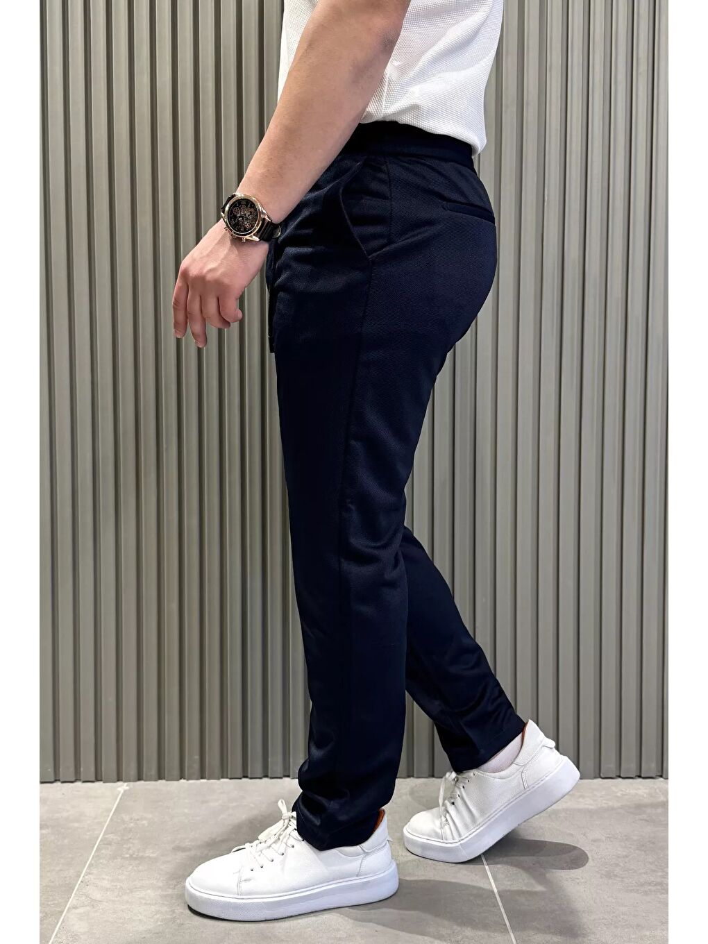 Lacivert Bel Bağcıklı Düz Paça Erkek Jogger Pantolon-1