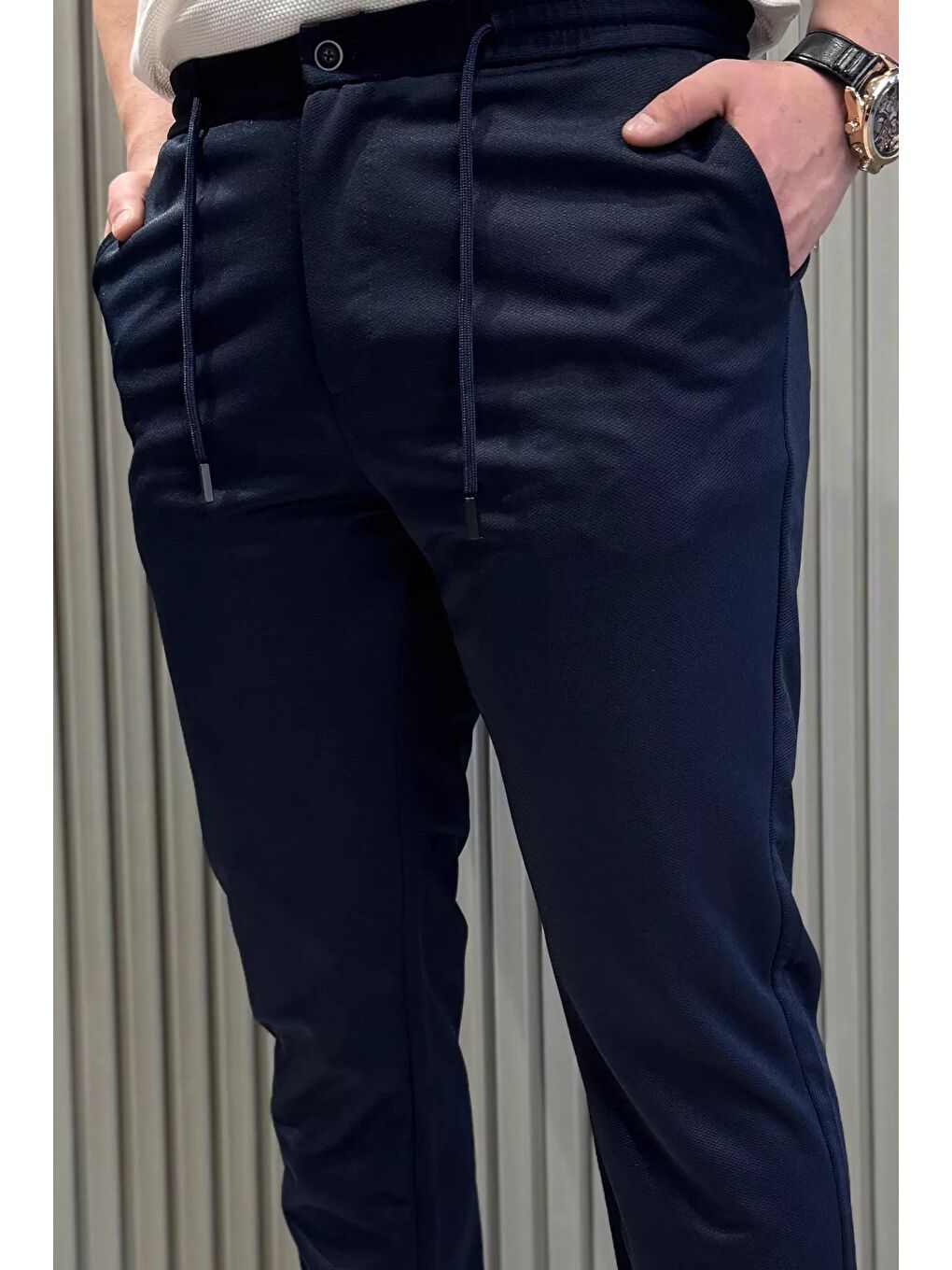 Lacivert Bel Bağcıklı Düz Paça Erkek Jogger Pantolon-3