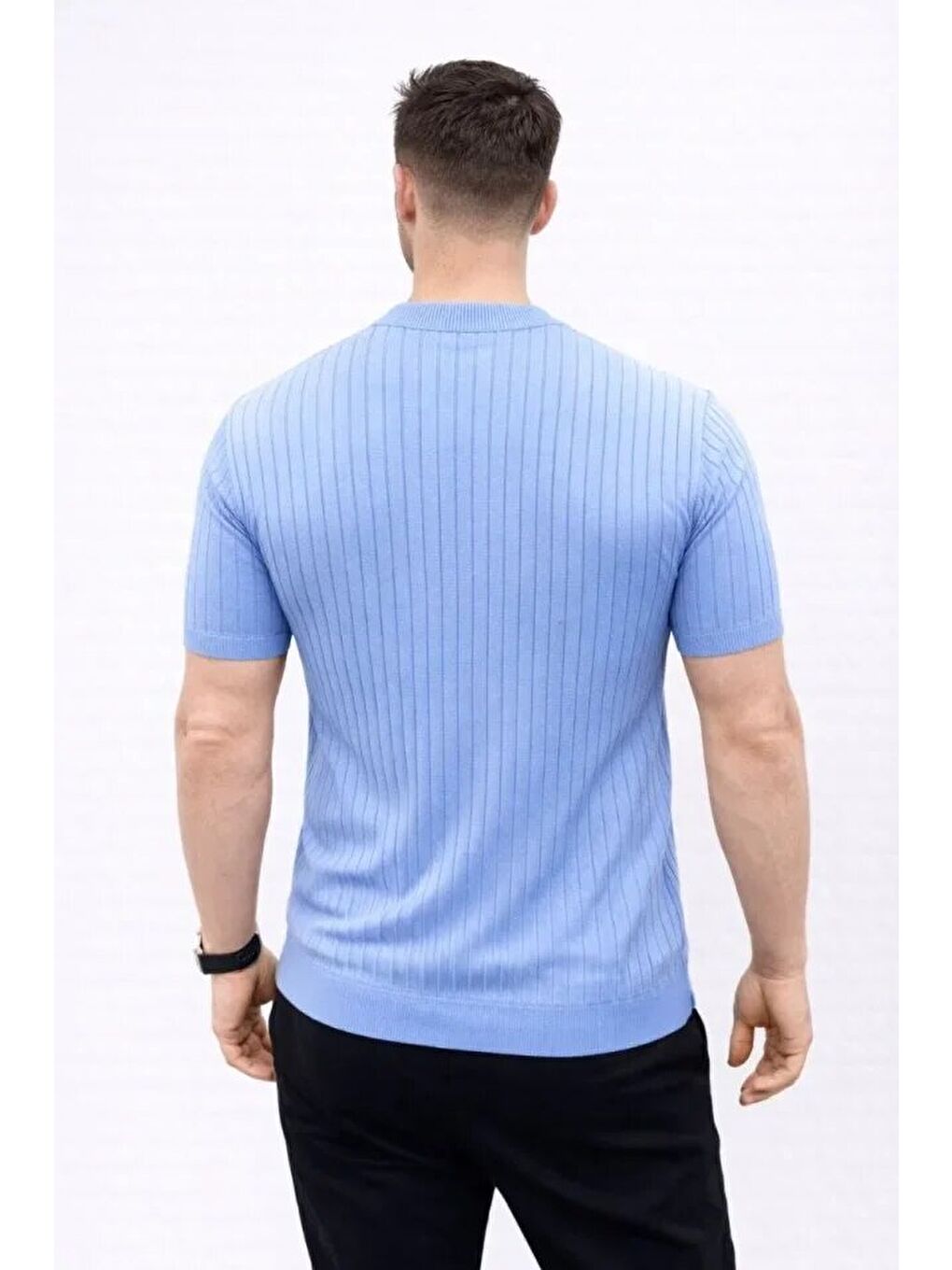 Mavi Erkek Kısa Kol Fitilli Triko T-Shirt Yazlık Hakim Yaka Tişört-1