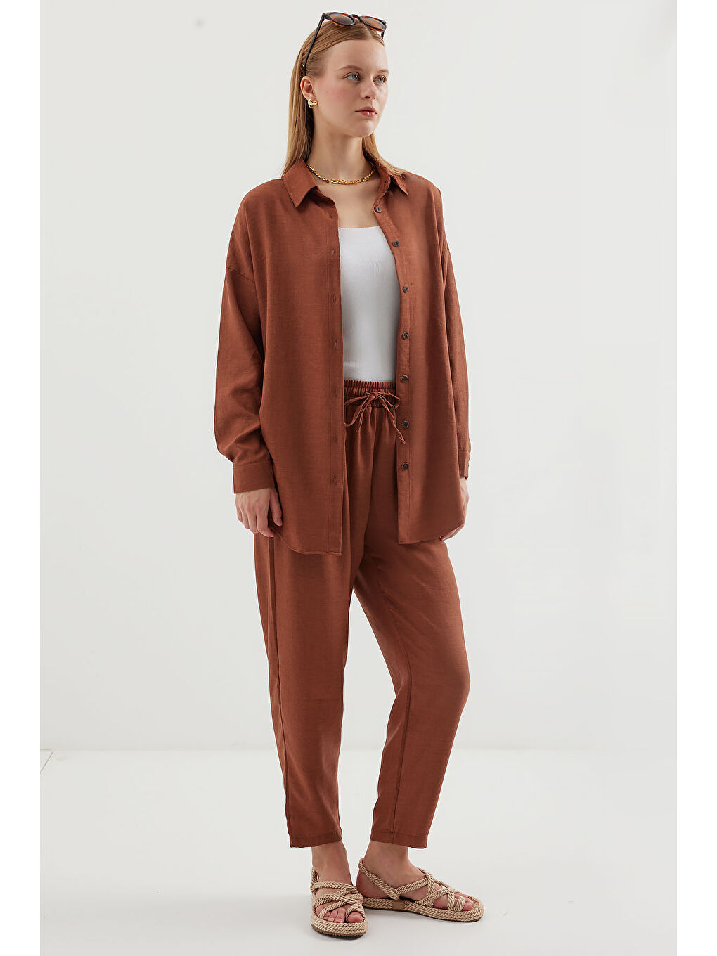 Bej 6622 Keten İkili Takım - Sütlü Kahve-2