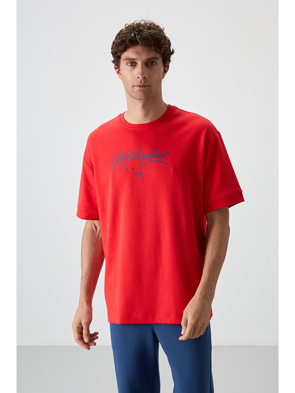 TOMMYLIFE Kırmızı Pamuklu Kalın Yumuşak Dokulu Oversize Fit Baskılı Erkek T-Shirt - 3