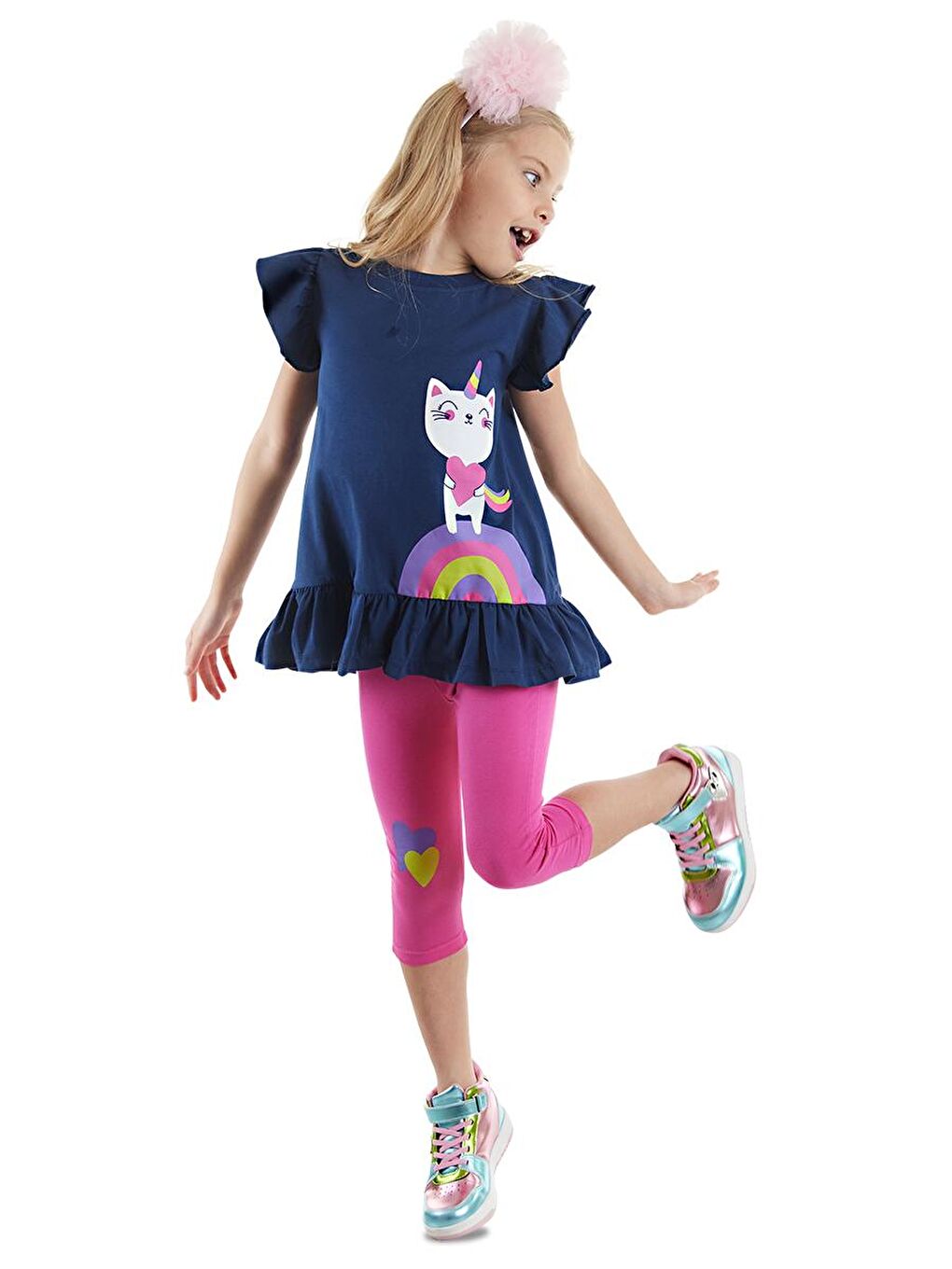 Denokids Karışık Unicorn Kedi Kız Çocuk T-shirt Tayt Takım