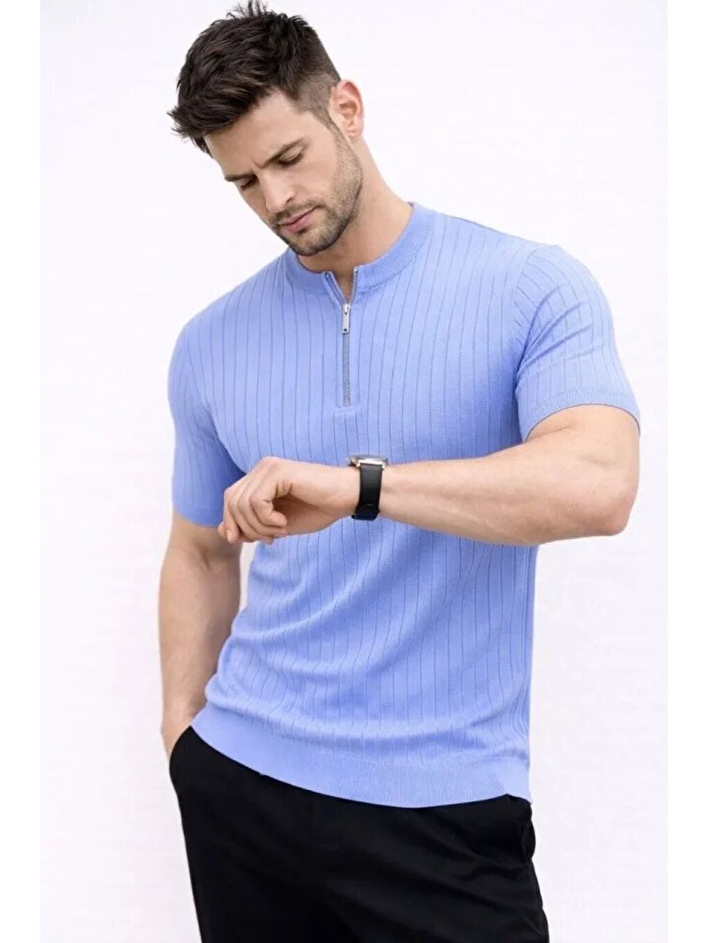 Mavi Erkek Kısa Kol Fitilli Triko T-Shirt Yazlık Hakim Yaka Tişört-2