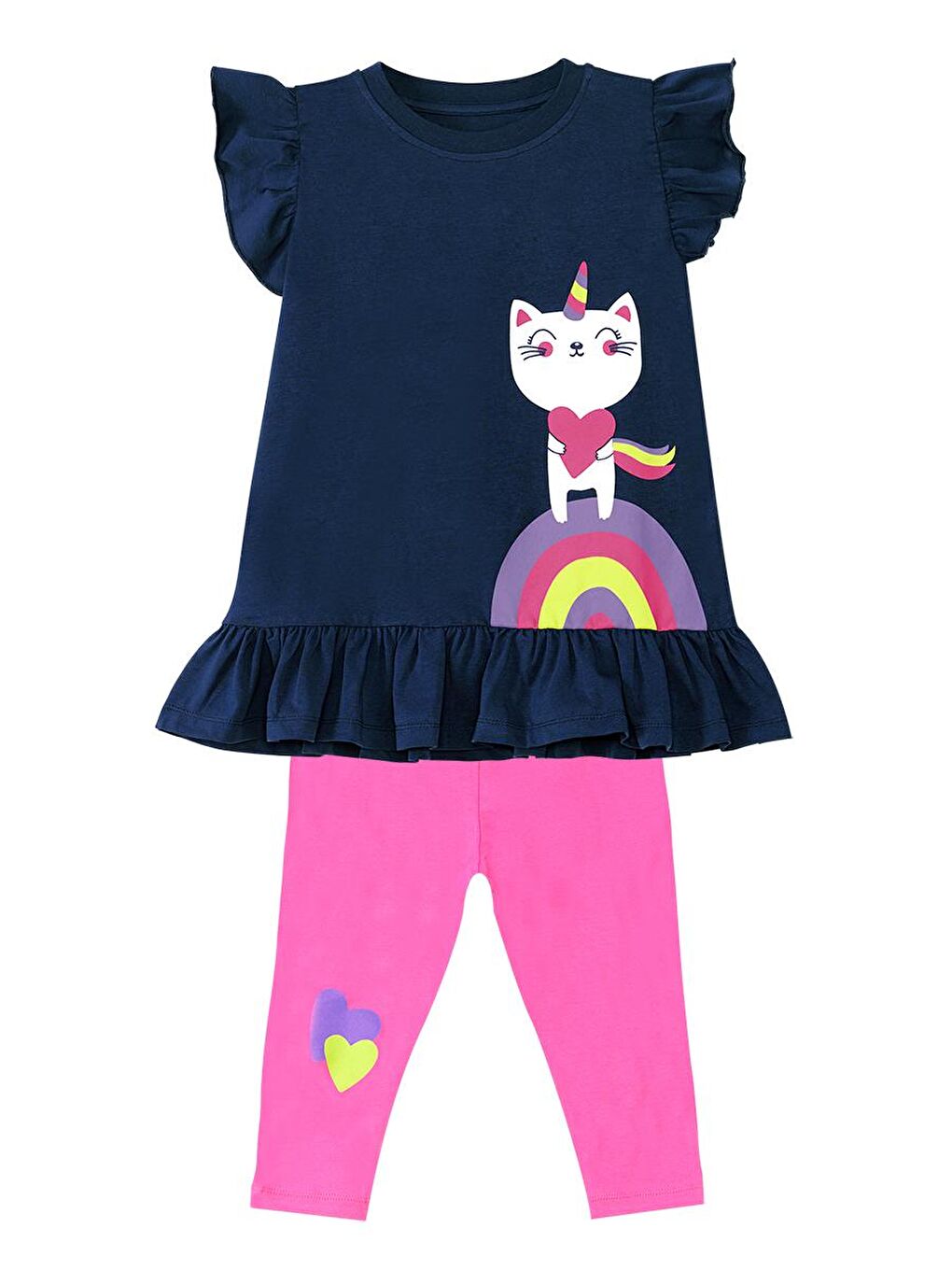 Denokids Karışık Unicorn Kedi Kız Çocuk T-shirt Tayt Takım - 2