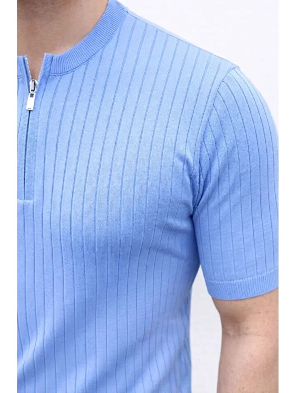 Mavi Erkek Kısa Kol Fitilli Triko T-Shirt Yazlık Hakim Yaka Tişört-3