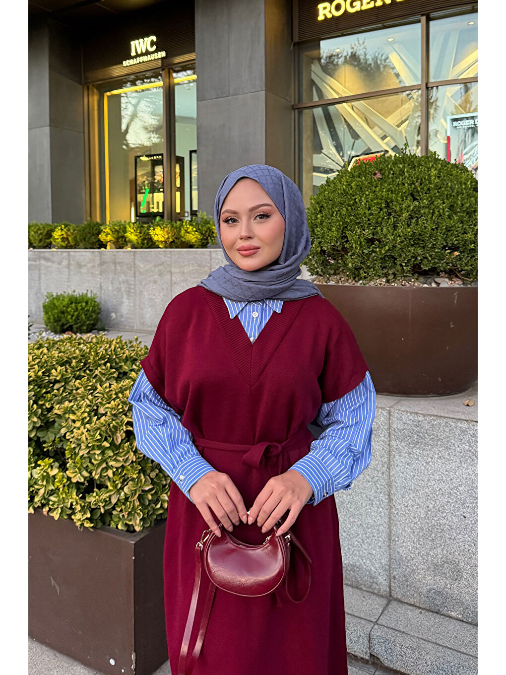 Kadın Garnili Triko Elbise Bordo-1