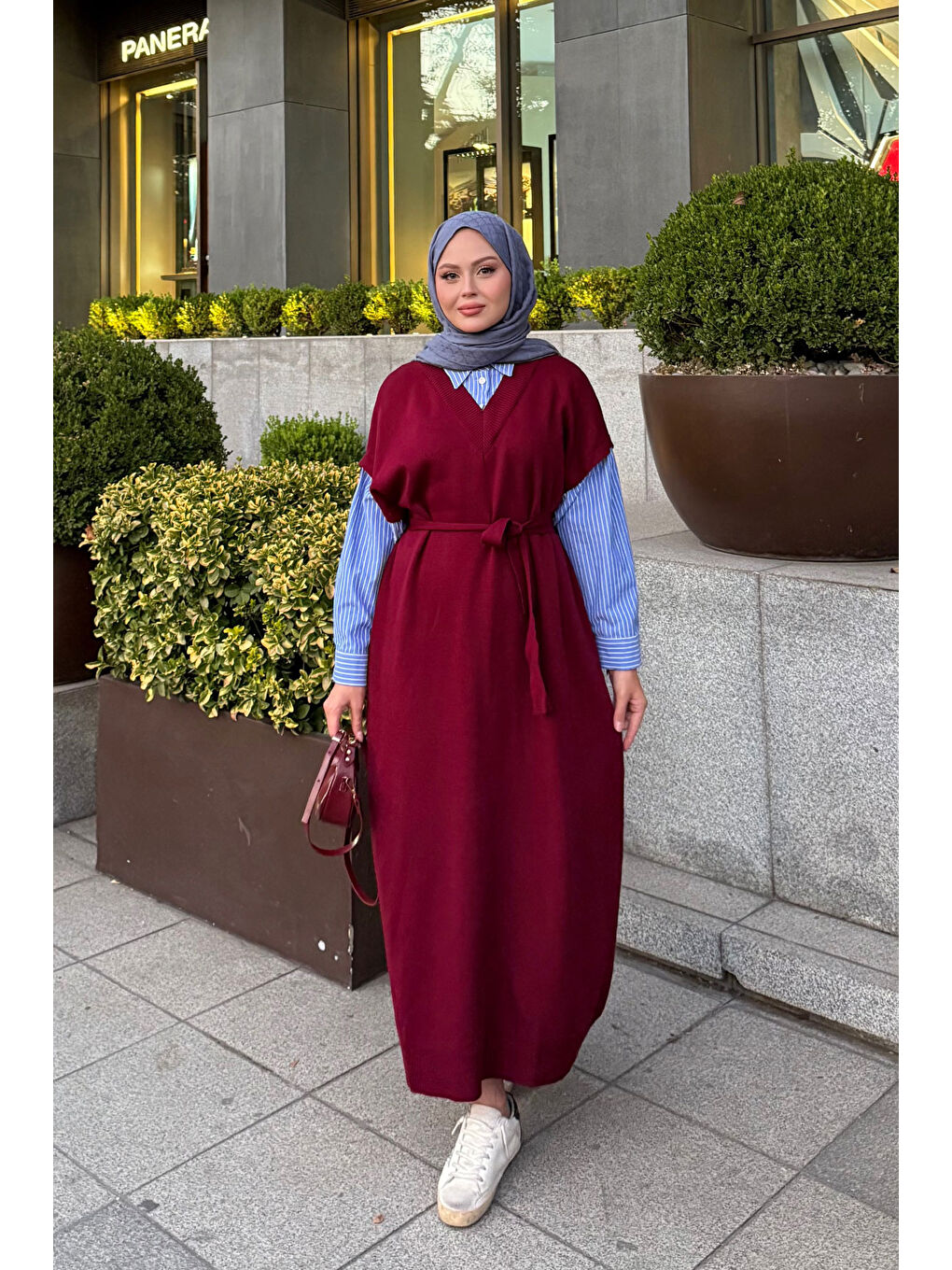 Kadın Garnili Triko Elbise Bordo-2