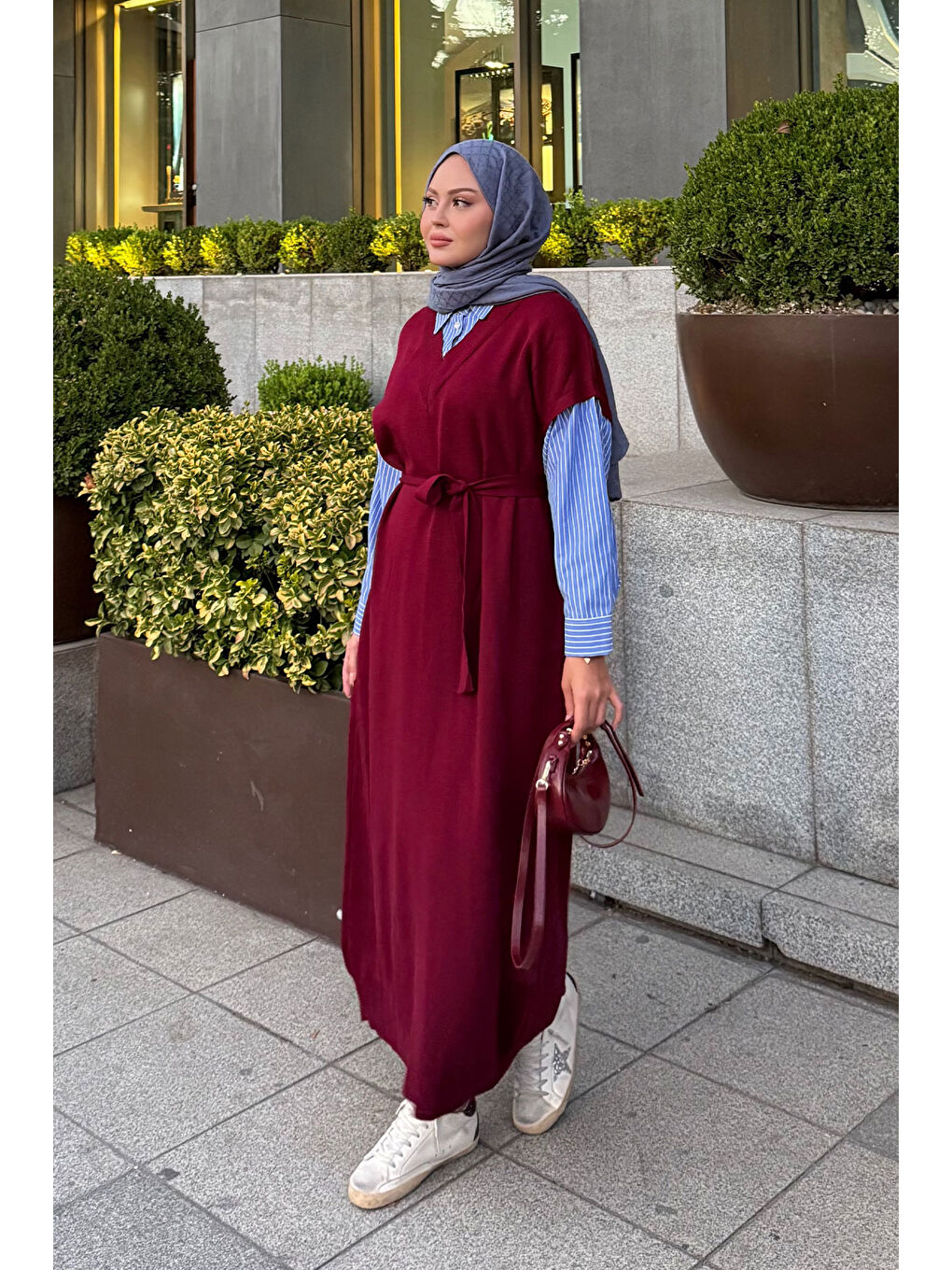 Kadın Garnili Triko Elbise Bordo-3