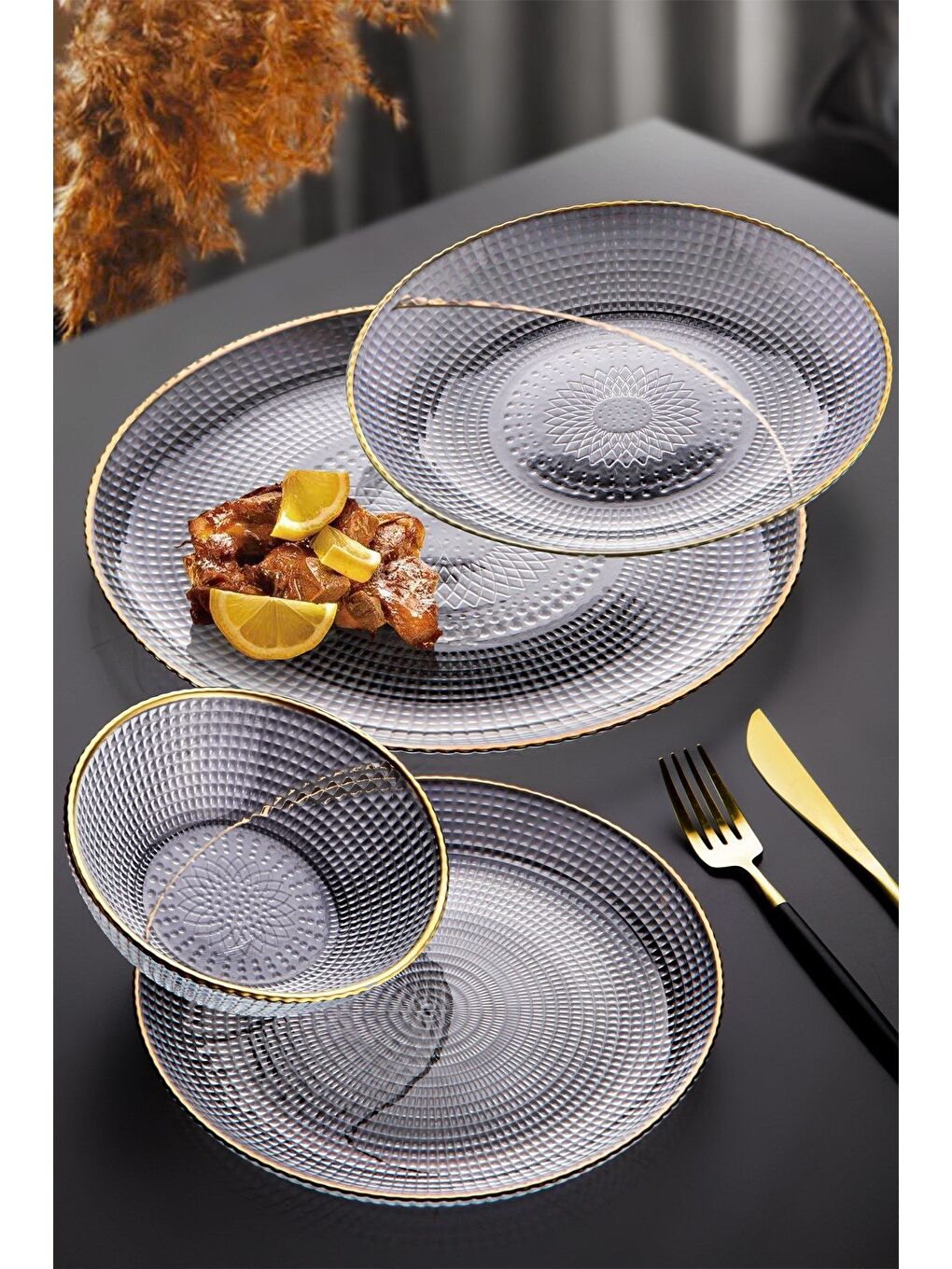 Renksiz 24 Parça 6 Kişilik Kare Çizgili Cam Yemek Takımı