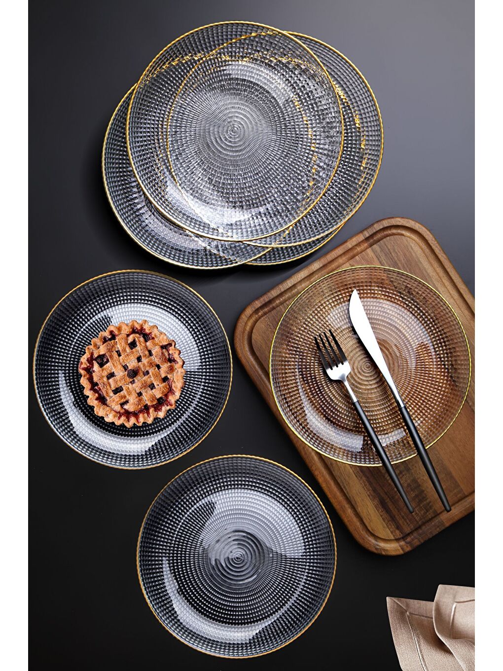 Renksiz 24 Parça 6 Kişilik Kare Çizgili Cam Yemek Takımı-1